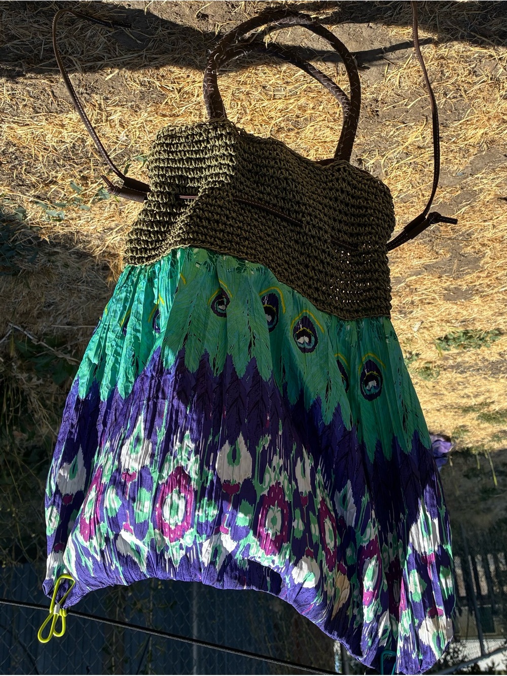 Boho Pleated Peacock Print purse / bag in Teal and Purple